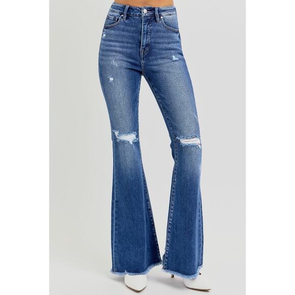 RISEN High Rise Distressed Raw Hem Flare Jeans - RDP5678 - Size 7/28 - Picture 4 of 6